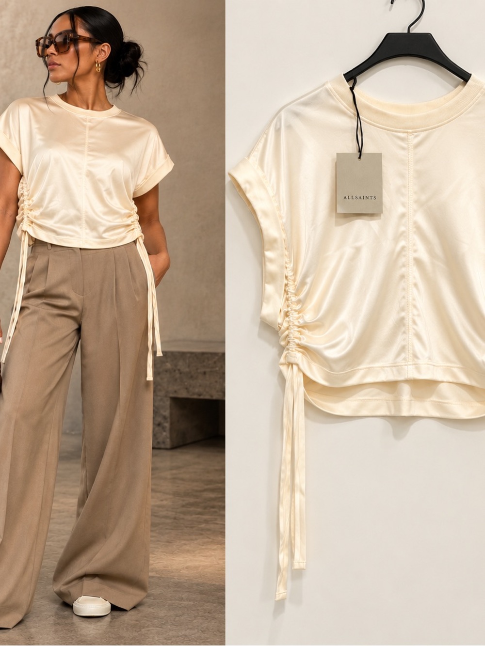 AllSaints Mira Satin Tee Tofu White Ruched Drawstring Top Size L NWT